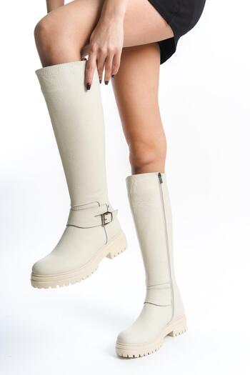 Modabuymus Wers Beige Matte Γνήσιες Δερμάτινες Μπότες Casual με φερμουάρ