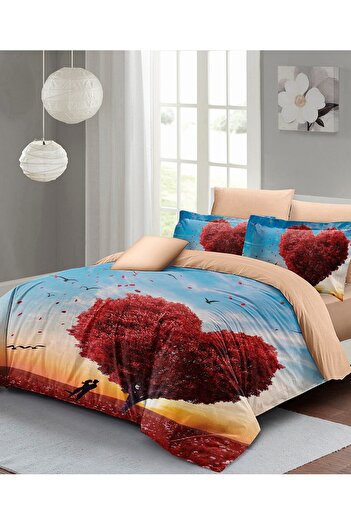 MonoHome King Size Double Duvet Cover Set for Valentine's Day - 100% Cotton Satin, Love Tree Patterned 220X240Cm