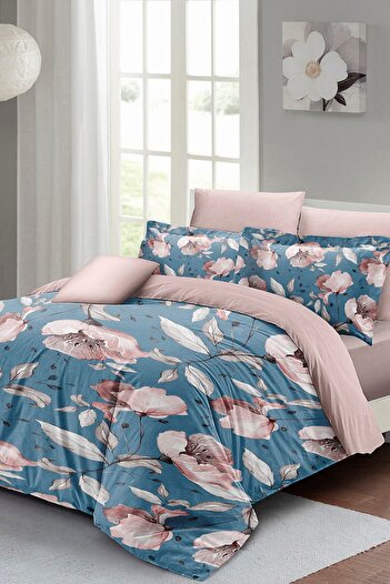 MonoHome Kıng Sıze Blue Rose Çift Kişilik Nevresim Takımı 3d Pamuk Saten 220x240cm