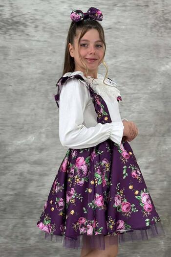 Riccotarz Girl's Guipure Embroidered Blouse and Flowers Printed Purple Salopet Set