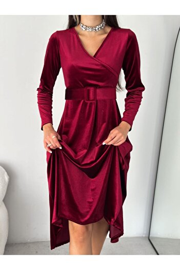 Esinty Rochie de mireasa de absolvire pentru dama, cu guler dublu, catifea, cu centura