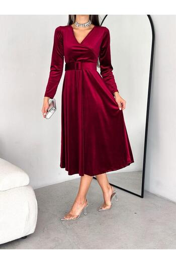 Esinty Rochie de mireasa de absolvire pentru dama, cu guler dublu, catifea, cu centura