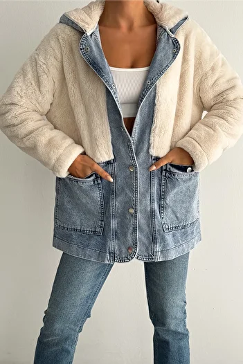 FEMELLE Women's Pocket Snap Button Hooded Denim Jeans Detailed Wide Fit First Quality Plush Coat