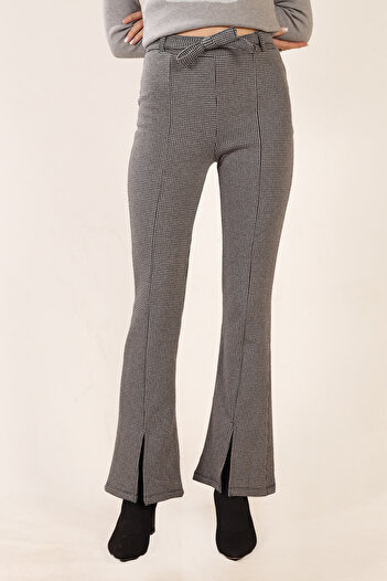 Avones Women's Interlock Jacquard Fabric Belted Slit Trousers