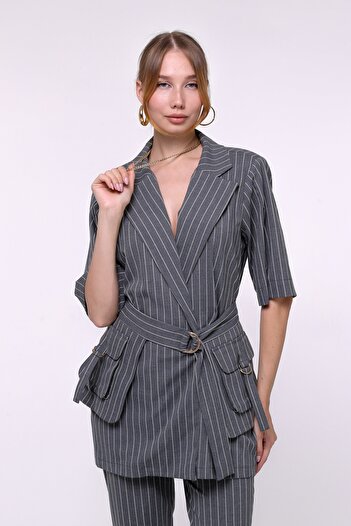1Moda1Tarz Women's Gray Shirt Collar Striped Pattern Side Seal Pocket Detailed Belted Top and Bottom Set