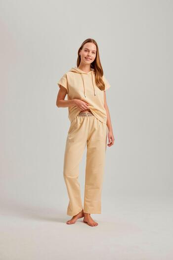 Pamuk & Pamuk Beige Hooded Short Sleeve Women's Trousers Set - Waist Accessory, Two Thread