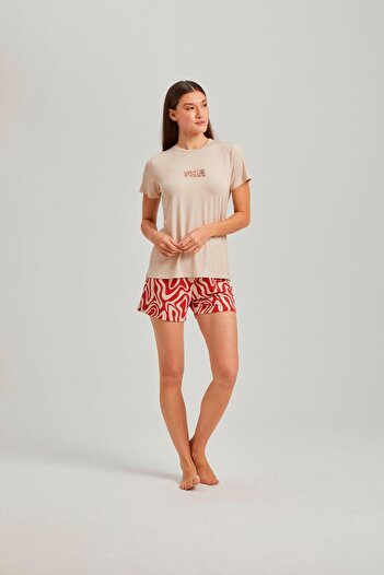 Pamuk & Pamuk Stone Color Crew Neck Vogue Printed Wave Pattern Viscose Shorts Women's Pajamas Set