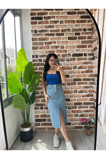 QİSSO Fustă albastru dulce din denim Fustă cu fantă