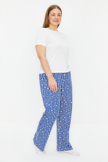 Trendyol Curve Navy Blue Cotton Striped and Heart Knitted Sleepwear Bottoms Tbbaw24Ia00000