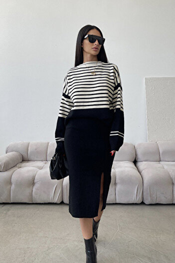 Ortaya Çık Long Sleeve Black Striped Knitwear Set