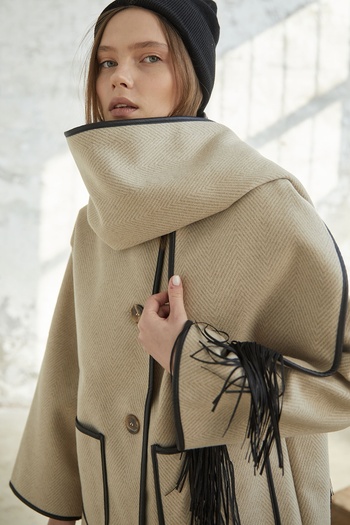 InStyle Leather Piping Detailed Scarf Stitched Coat - Beige