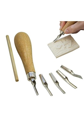 Genel Markalar Lino Cutter Linol Oyma Kesme Bıçak Seti 5 Bıçaklı Linolyum Baskı Ahşap Saplı
