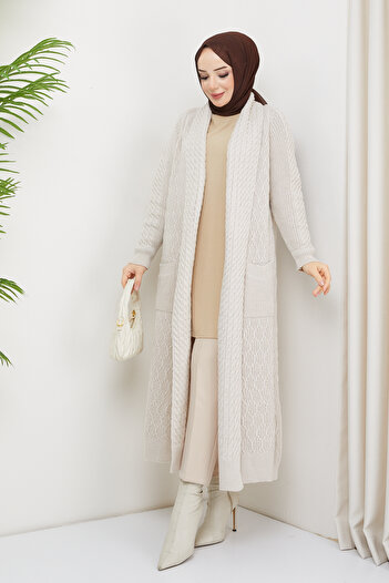 Pamuk Butik Women's Shawl Collar Knit Detailed Pocket Knitwear Cardigan Stone Color
