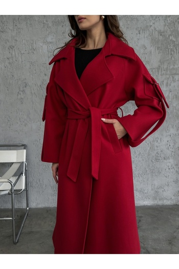 Elif Özbey Butik Premium Coat with Red Sleeves and Pocket Detail