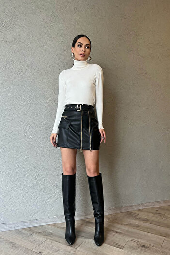 Seda Yalçın Atelier Black Gold Zippered Belted Leather Skirt