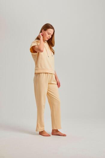 Pamuk & Pamuk Beige Hooded Short Sleeve Women's Trousers Set - Waist Accessory, Two Thread
