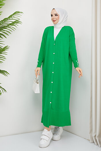 Pamuk Butik Γυναικεία Πλεκτά Πλεκτά Πλεκτά Πλήρους Μήκους Ζακέτα Benetton Green Mercerized με λεπτομέρεια με κουμπιά