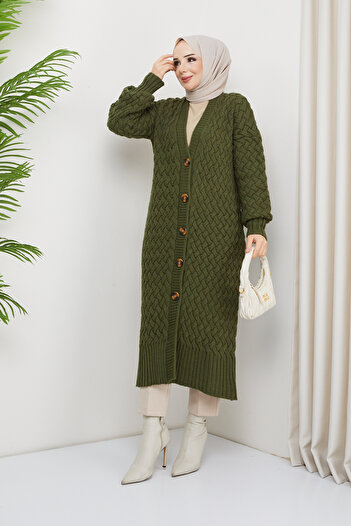 Pamuk Butik Women's Basket Knit Buttoned Full Length Knitwear Cardigan Khaki