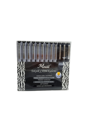 Masis Technical Drawing Pen Set Black Round - Brush - Cut Point 12 Pack Set