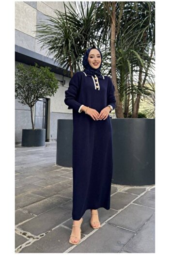 asyadabutik Gold Buttoned Shirt Collar Knitwear Long Hijab Dress