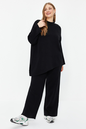 Trendyol Curve Black Stand-Up Collar Slit Detailed Knitwear Bottom-Top Suit Tbbaw24Cp00013