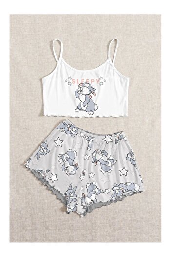 PEMBİŞ HOMEWEAR Strappy Shorts Pajama Set Bambi Thumber Supersoft Basic Single Jersey