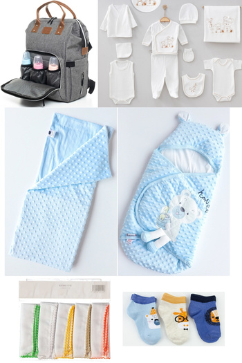 Necix's 6-Piece CUTE MONTHS BIRTH SET (10-Piece HOSPITAL EXIT, BABY BAG, SWADDLE, BLANKET, WIPES AND SOCKS SET)