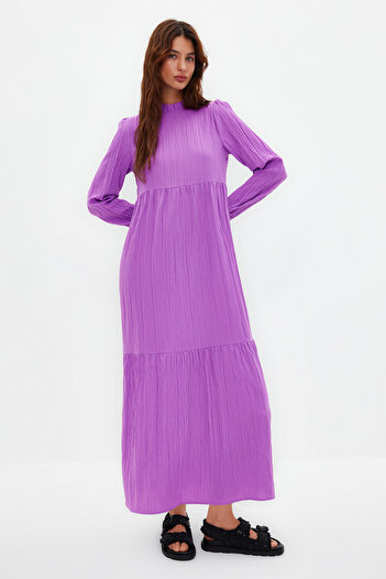 Trendyol Modest Μωβ υφαντό φόρεμα με ψηλό γιακά τσαλακωμένο φαρδύ TCTSS22EB00171