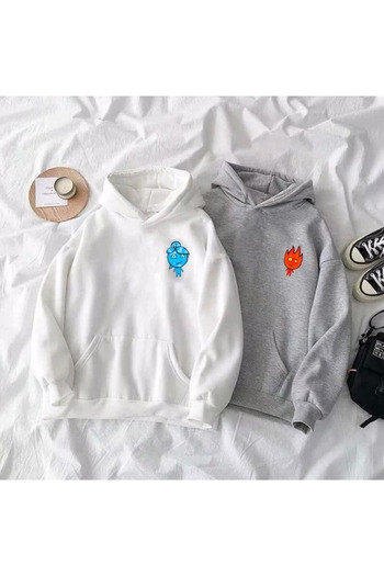 DUBU BUTİK 2-Piece Water Fire Logo Lover Combination Sweatshirt - White Gray Printed Winter Oversize Hoodie