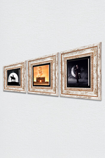 Pinecone Anıtkabir, Atatürk, Moon and Star Stone Wall Painting Framed Wall Decor 3 Piece Table Set Wall Art