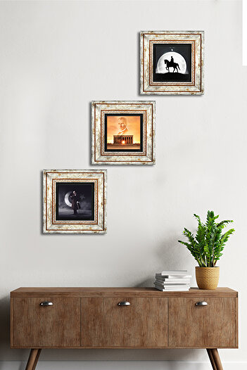 Pinecone Anıtkabir, Atatürk, Moon and Star Stone Wall Painting Framed Wall Decor 3 Piece Table Set Wall Art