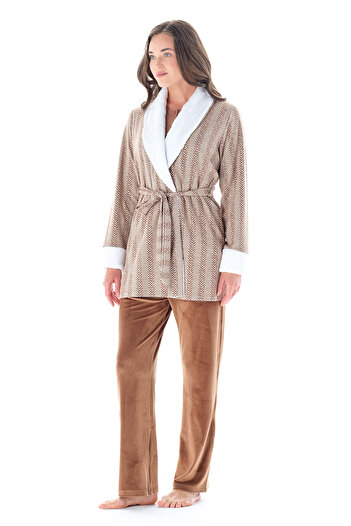 Feyza Pijama Women's Buttoned Collar Plush Collar Fish Back Patterned 3-Piece Pajama Set