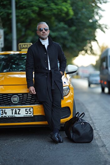 Fc Plus Siyah Reglan Kol Berberi Yaka Kaşe Kaban Slim Fit