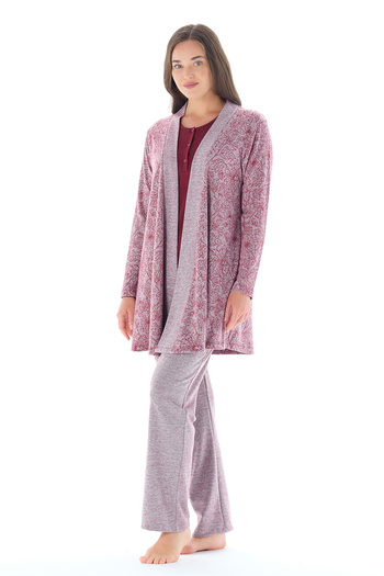 Feyza Pijama Women's Buttoned Collar Floral Patterned Jacquard 3-Piece Pajama Set
