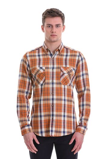 Hatemoğlu Orange Slim Fit Checked 100% Cotton Buttoned Collar Long Sleeve Casual Shirt
