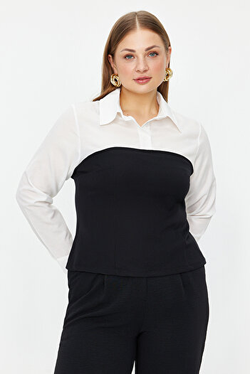 Trendyol Curve طوق قميص أبيض وأسود، بلوزة أنيقة بأكمام طويلة متعددة الألوان TBBAW24AF00062