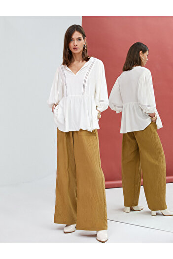 Koton Viscose Blouse V-Neck Tie Detailed Embroidered