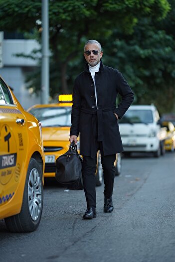 Fc Plus Siyah Reglan Kol Berberi Yaka Kaşe Kaban Slim Fit