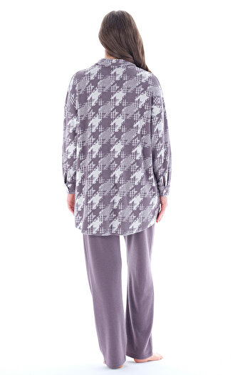 Feyza Pijama Kadın Önden Düğmeli Gömlek Yakalı Kaz Ayağı Desenli Pijama Takımı