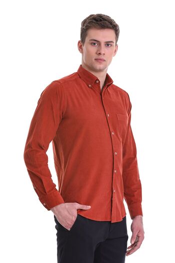 Hatemoğlu Tile Slim Fit Plain 100% Cotton Button Collar Long Sleeve Classic Shirt