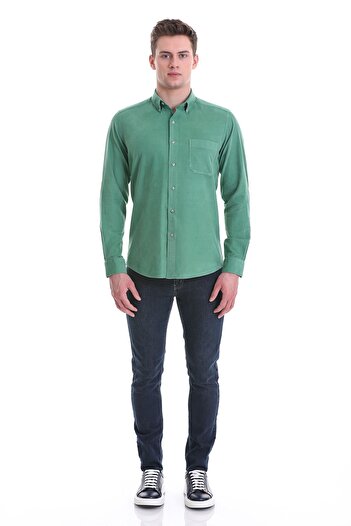 Hatemoğlu Green Slim Fit Plain 100% Cotton Buttoned Collar Long Sleeve Classic Shirt