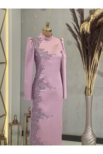 Surikka Front Applique Embroidered Pencil Crescent Hijab Evening Dress Lilac