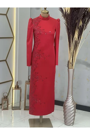 Surikka Front Applique Embroidered Pencil Crescent Hijab Evening Dress Red