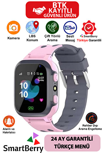 Smartberry Çocuk Konum Takipli Sim Kart Girişli Lbs Ve Sos Özellikli Akıllı Saat - Pembe