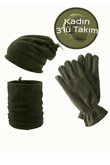 Mrey Women's Khaki Thermal Winter Fleece Fingers Closed Gloves Drawstring Beanie Neck Collar Cap Set of 3