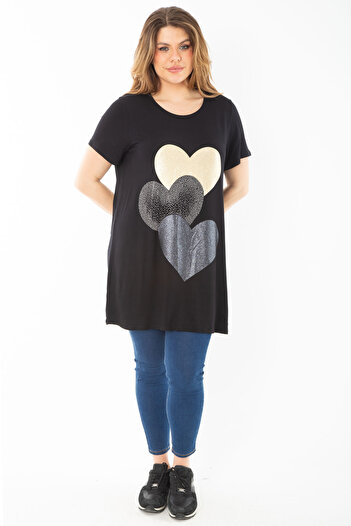 Şans Women's Plus Size Black Stone and Glitter Detailed Blouse 65N37453