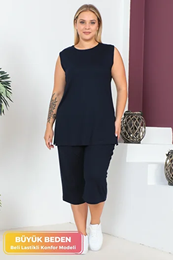 tarzımsüper Plus Size Comfort Model Capri 2-Piece Suit with Elastic Waist and Pocket Capri Shorts Top-Top 2-Piece Set
