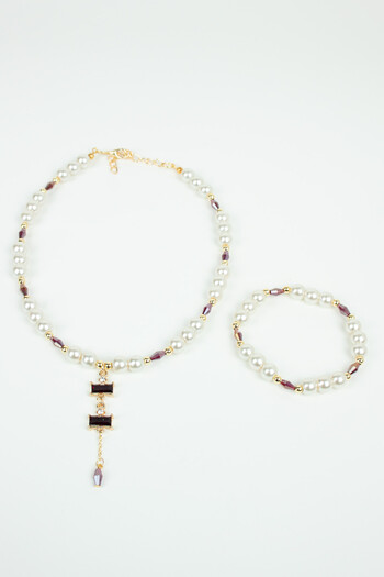 Liveyn Design Baguette Tip Glass Pearl Necklace and Bracelet Set