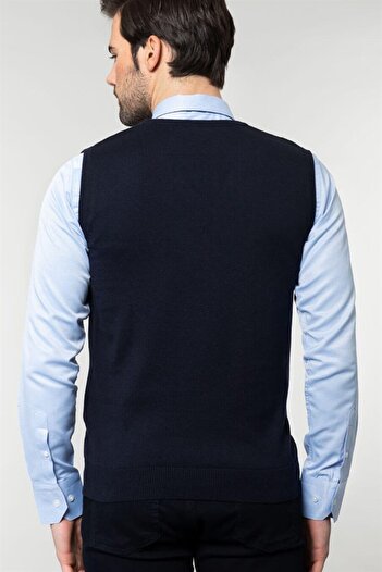 Tudors Erkek Slim Fit V Yaka Kendinden Desenli Lacivert Süveter