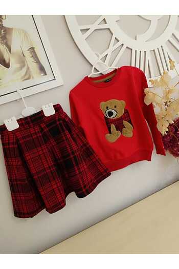 miniklerin dünyası GIRL'S BEAR SWEATSHIRT AND SPOON SKIRT SET